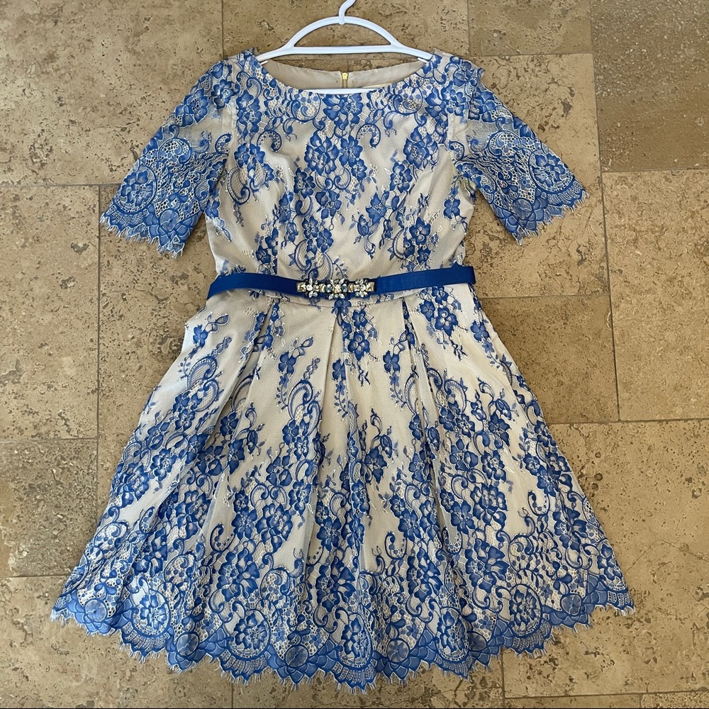 Eliza J blue floral Lace layered fit and flare dress with jeweled removable belt